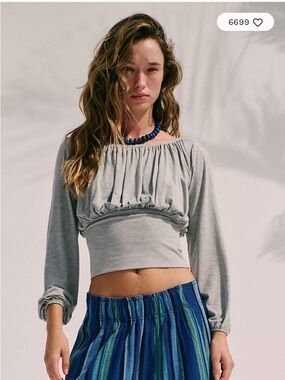 Free People Grey Gathered Long-Sleeve Crop Top